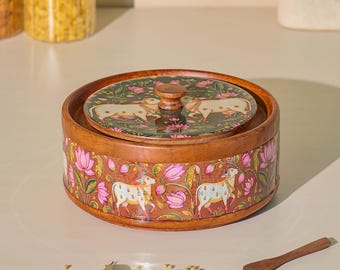 Brick Brown® Vana Wooden Masala Box with Lid | Pichwai Meena Embossed Spice Box | Handcrafted Masala Dani with 7 Steel Bowl & Wooden Spoon