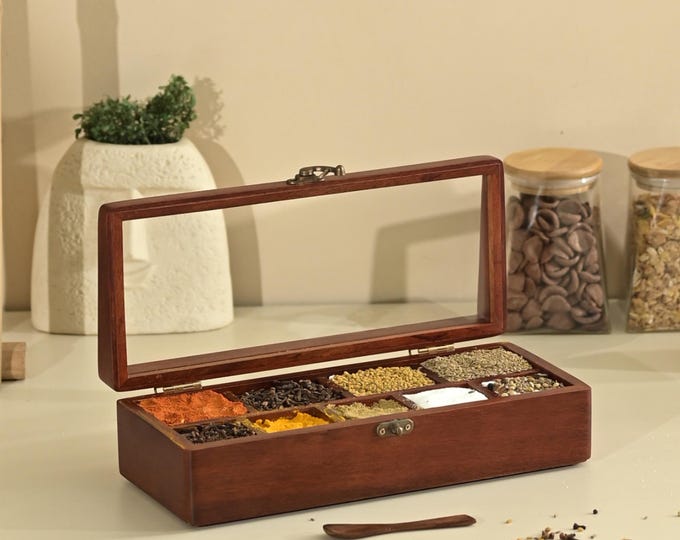 Masala Box with Wooden Spoon | Mango Wood 9 Compartment Spice Organizer | Mahogany Spice Box with Clear Acrylic Lid | Prism by Brick Brown