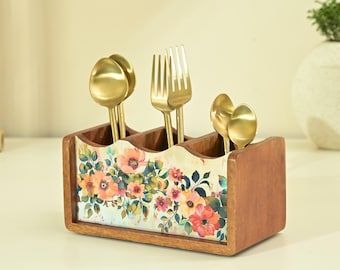 Brick Brown ® Premium Wooden Pastel Flora Cutlery Holder Spoon stand for kitchen | cutlery holder for dining table | 3 section Caddy holder