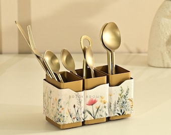 Brick Brown® Premium Wooden Triflora Cutlery Holder – Spoon Stand for Kitchen | Spoon Holder for Dining Table | Stand Caddy Holder