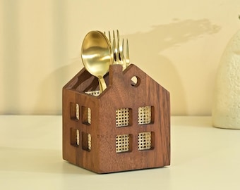 Porte-couverts en bois Brick Brown® Premium Maison, support à cuillères pour la cuisine | Porte-couverts pour table à manger | Organisateur de rangement
