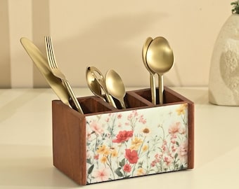 Brick Brown ® Premium Wooden Cutlery Holder Spoon Stand for Kitchen | Cutlery holder for Dining table | Wooden Caddy Stand with 3 Section