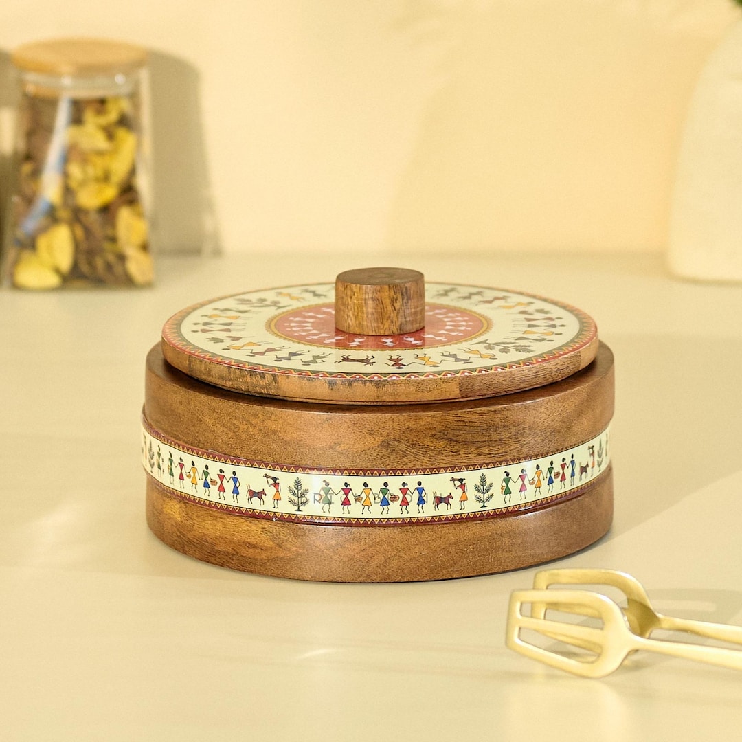 Designer Roti Brick Brown® Gatha Wooden Roti Box With Lid | Solid Wood Chapati Box ...
