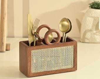 Brick Brown ® Premium Wooden Tresso Nest Cutlery Holder Spoon Stand for Kitchen | Cutlery holder for Dining table | 3 Section Caddy Holder