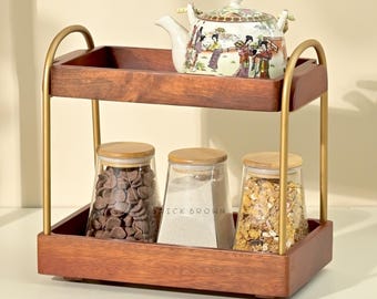 Estante organizador de madera de 2 niveles / Almacenamiento de madera maciza para encimera de cocina / Estante decorativo de metal dorado para tocador de baño / CasaDuo de Brick Brown