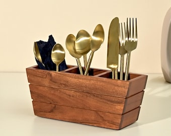 Brick Brown ® Handcrafted Wooden Spoon Stand for Kitchen | Cutlery Holder for Dining Table | Wooden Caddy Organiser Stand with 3 Section