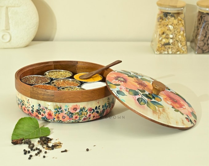 Hand-Painted Mango Wood Masala Box | 7 Spice Bowls, Spoon, Pastel Flora Organizer