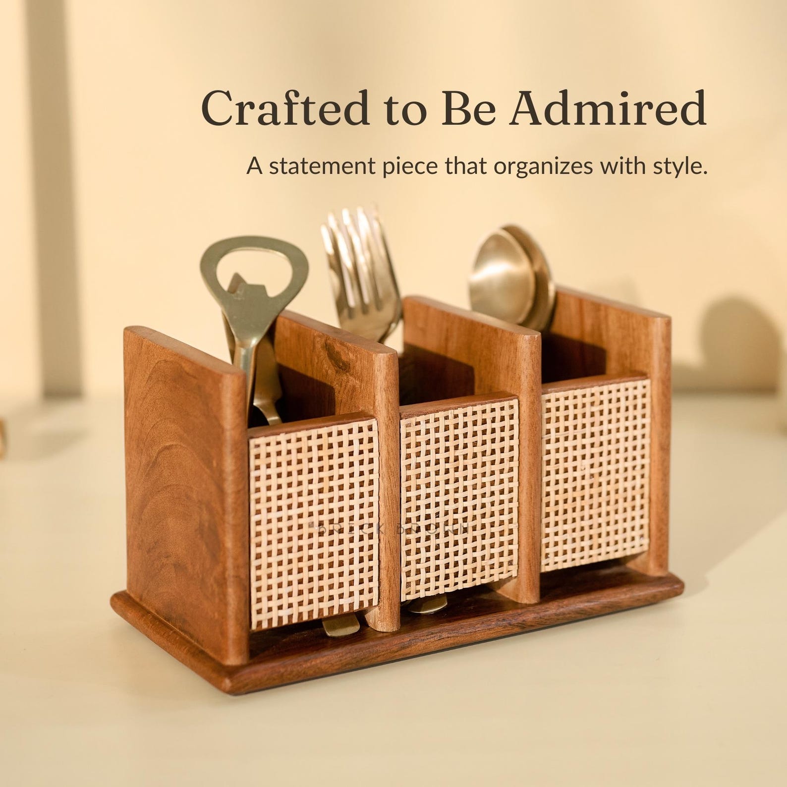 Brick Brown ® Premium Wooden Nora Cutlery Holder Spoon Stand for Kitchen | Wooden Caddy Storage Organiser Stand with 3 Section Caddy Holder