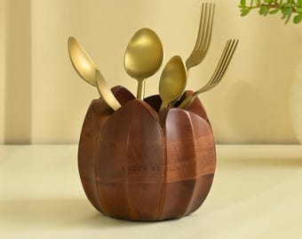 Brick Brown® Premium Wooden Lotus Cutlery Holder – Spoon Stand for Kitchen | Spoon Holder for Dining Table | Spoon Stand Caddy Holder