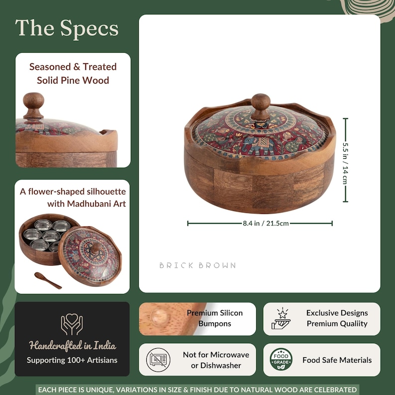 May include: A round wooden serving bowl with a decorative lid. The lid features a colorful Madhubani art design and a wooden knob. The bowl is 8.4 inches in diameter and 5.5 inches tall. The bowl is handcrafted in India.