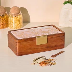 Brick Brown® Noor Wooden Spice Box with Lid | Solid Wood Masala Box Organizer with 8 Steel Containers & Wooden Spoon | Masala Storage Box