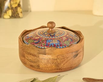 Brick Brown® Mithila houten masala-doos met deksel | Kruidendoos organizer opbergdoos | Masala Dani met 7 stalen containers en 1 houten lepel