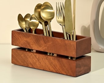 Brick Brown ® Handcrafted Wooden Spoon stand for kitchen | cutlery holder for dining table | wooden caddy organiser stand with 3 section