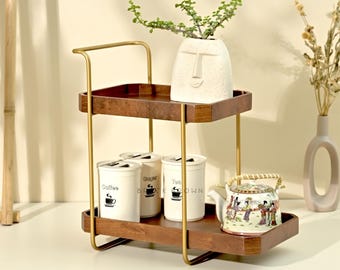 Hölzernes 2-stöckiges Gewürzregal | Massivholz Regal mit goldenem Metallrahmen | Küchen Bar Aufbewahrungsorganizer | Homeydo by Brick Brown