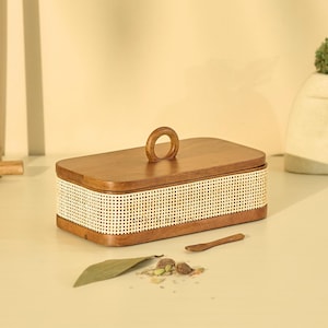 Brick Brown® Wooden Tresso Masala Box for Kitchen | Handcrafted Rattan Spice Box with 8 Steel Containers & 1 Wooden Spoon | Spice Organizer