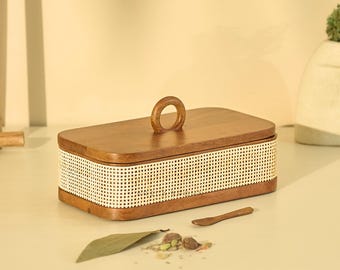 Caja de Especias | Organizador de Madera Seguro con 8 Recipientes de Acero y Cuchara | Caja de Especias de Ratán | Tresso Brick Brown