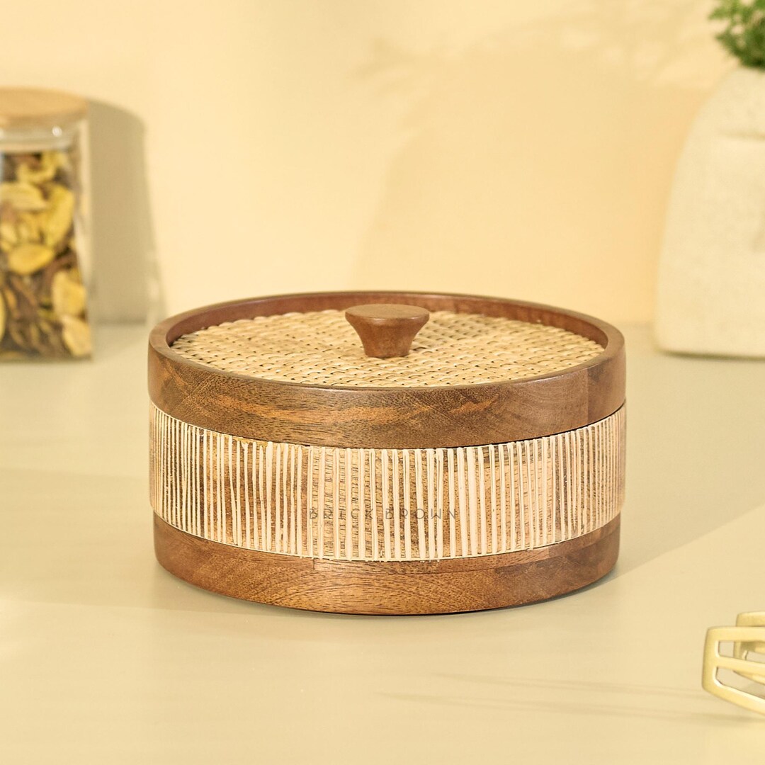 Designer Roti Brick Brown® Reed Wooden Roti Box With Hand-woven Cane Lid | Solid Wood ...