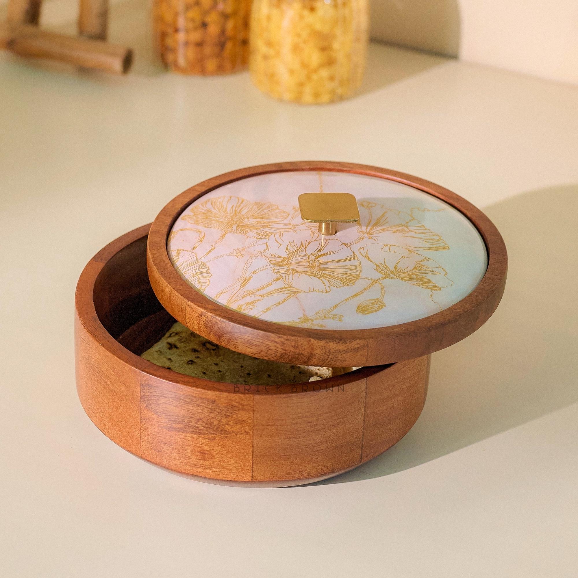 Brick Brown® Noor Wooden Roti Box With Lid | Solid Wood Chapati Box for ...