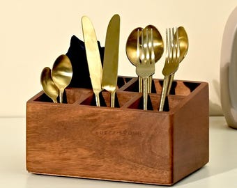 Brick Brown ® Handcrafted Wooden Spoon stand for kitchen | cutlery holder for dining table | wooden caddy organiser stand with 5 section
