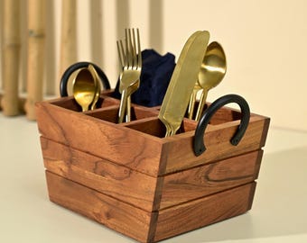 Brick Brown ® Premium Wooden Boat Shaped Utensils Cutlery Caddy/Holder 5 Section with Handle | Spoon Stand for Kitchen | Spoon Holder