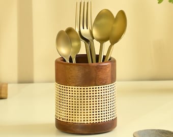 Brick Brown Premium Wooden Tresso Cutlery Holder Spoon Stand for Kitchen,for Dining Table,Wooden Caddy with Removable Section Caddy Holder