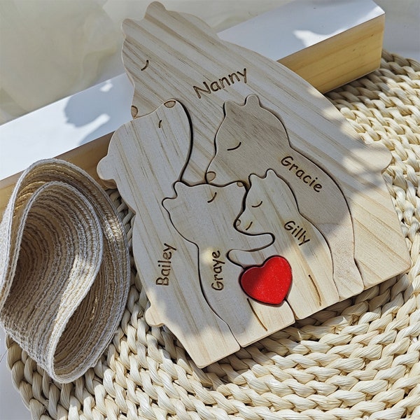 Wood Single Parent Bear Family Puzzle,Mother's Day Gift,Family Keepsake Gift,Engraved Family Name Puzzle,Animal Family,Gift for Parents