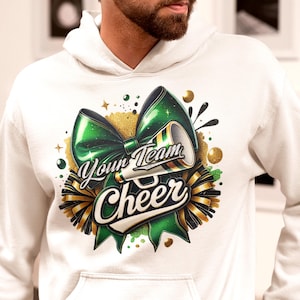 Personalized Green Cheer Bow PNG, Custom Cheer Team Digital Design, Cheerleading Sublimation PNG, Cheer Mom Spirit Wear, Team Name PNG