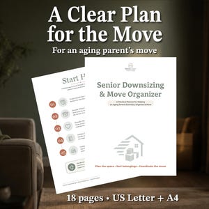 Könnte beinhalten: Ein digitaler Planer mit dem Titel Senior Downsizing & Move Organizer mit 18 Seiten in den Formaten US Letter und A4. Das Dokument enthält eine nummerierte Liste von 1 bis 5, ein Haus-Symbol mit Kartons und den Text A Clear Plan for the Move.