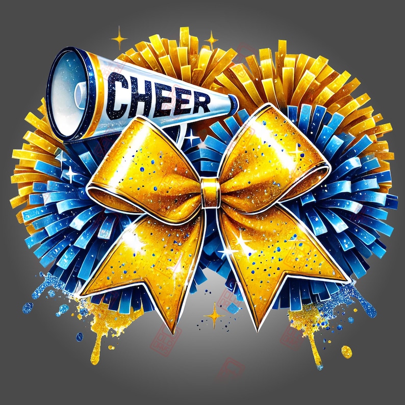 Yellow Cheer Pattern Maize Yellow Blue Cheer Sublimation PNG Glitter Bow & Megaphone Design ...