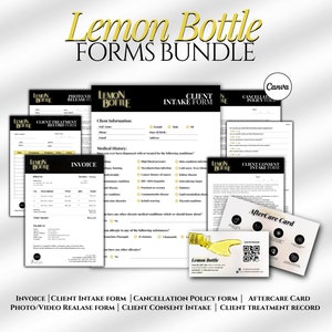 May include: A bundle of Lemon Bottle forms, including an invoice, client intake form, and aftercare card. The forms are black and white with yellow accents and the Lemon Bottle logo. The text "Lemon Bottle FORMS BUNDLE" is at the top.