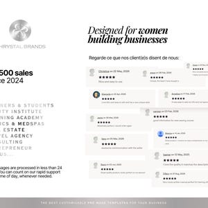 K&ouml;nnte beinhalten: Eine Werbegrafik f&uuml;r Chrystal Brands mit dem Text Designed for women building businesses, + 2500 sales since 2024 und einer Liste von Branchen wie Trainer, Studenten, Kosmetikinstitute und Immobilien. Es werden Kundenbewertungen angezeigt.