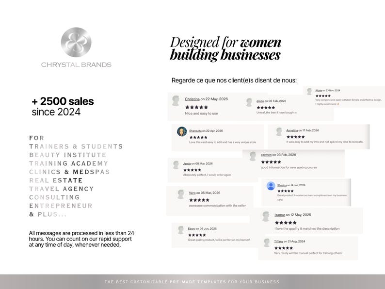 K&ouml;nnte beinhalten: Eine Werbegrafik f&uuml;r Chrystal Brands mit dem Text Designed for women building businesses, + 2500 sales since 2024 und einer Liste von Branchen wie Trainer, Studenten, Kosmetikinstitute und Immobilien. Es werden Kundenbewertungen angezeigt.
