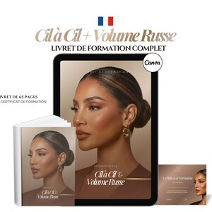 Pode incluir: Um tablet digital e um livro com o texto "Cil à Cil + Volume Russe" e "LIVRET DE FORMATION COMPLET". A imagem apresenta uma mulher com maquiagem e o texto "LIVRET DE 65 PAGES + CERTIFICAT DE FORMATION". Um certificado também é visível.
