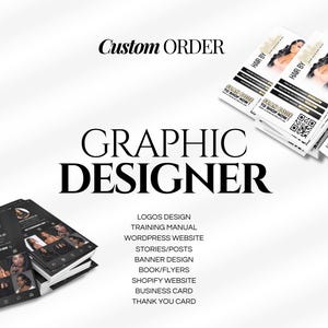 Könnte beinhalten: Werbung für Grafikdesign-Dienstleistungen. Das Bild zeigt Stapel von Visitenkarten und Flyern mit dem Text "HAIR BY" und "GRAPHIC DESIGNER". Zu den Dienstleistungen gehören Logos, Website-Design und Visitenkarten. Die Worte "Custom ORDER" stehen oben.