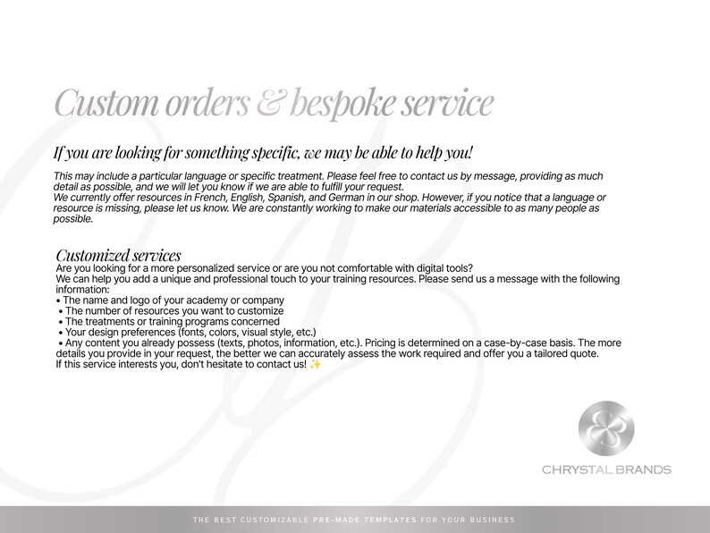 K&ouml;nnte beinhalten: Ein wei&szlig;es Informationsdokument mit dem Titel Custom orders & bespoke service. Es beschreibt Optionen f&uuml;r personalisierte Schulungsressourcen, einschlie&szlig;lich Sprachunterst&uuml;tzung, Logo-Integration und Designpr&auml;ferenzen, mit dem Chrystal Brands-Logo am unteren Rand.