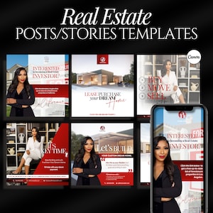 May include: A set of six social media post templates for real estate agents. The templates feature a woman in a white blazer and a red background. The text on the templates includes "Interested in becoming a Real Estate Investor?", "Lease Purchase your Dream Home", "It's Key Time", "Let's Build Your Custom Dream Home", "Buy Move Sell", and "Interested in becoming a Real Estate Investor?"