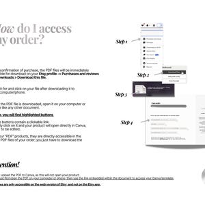 K&ouml;nnte beinhalten: Eine Anleitungsgrafik mit dem Titel How do I access my order?, die in vier Schritten erkl&auml;rt, wie Dateien von einem Etsy-Profil heruntergeladen werden. Sie enth&auml;lt Textanweisungen, Screenshots des Download-Vorgangs und einen Hinweis zum &Ouml;ffnen der PDF-Datei.