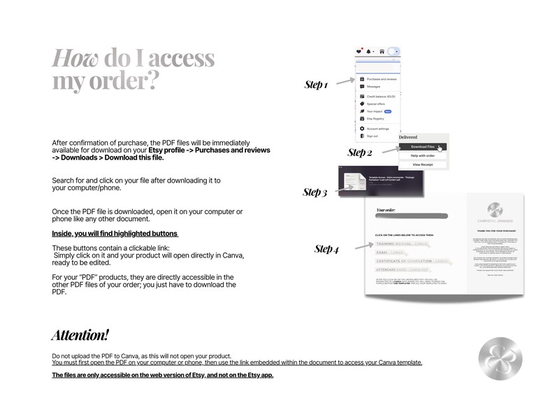 K&ouml;nnte beinhalten: Eine Anleitungsgrafik mit dem Titel How do I access my order?, die in vier Schritten erkl&auml;rt, wie Dateien von einem Etsy-Profil heruntergeladen werden. Sie enth&auml;lt Textanweisungen, Screenshots des Download-Vorgangs und einen Hinweis zum &Ouml;ffnen der PDF-Datei.