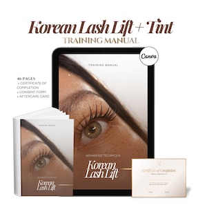 Könnte beinhalten: Ein Schulungshandbuch für Korean Lash Lift + Tint. Das Bild enthält ein Tablet, ein Büchlein und ein Zertifikat. Das Büchlein und das Tablet zeigen ein Auge mit langen Wimpern. Der Text enthält "46 SEITEN + ZERTIFIKAT + EINVERSTÄNDNISERKLÄRUNG + NACHSORGEKARTE."