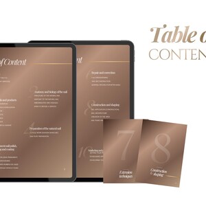 K&ouml;nnte beinhalten: Ein digitales Tablet zeigt ein Inhaltsverzeichnis f&uuml;r einen Nageldesign-Kurs auf braunem Farbverlaufshintergrund. Der Text umfasst Abschnitte zu Nagelanatomie, Hygiene und Modellage. Zwei kleinere Karten zeigen die Zahlen 7 und 8.