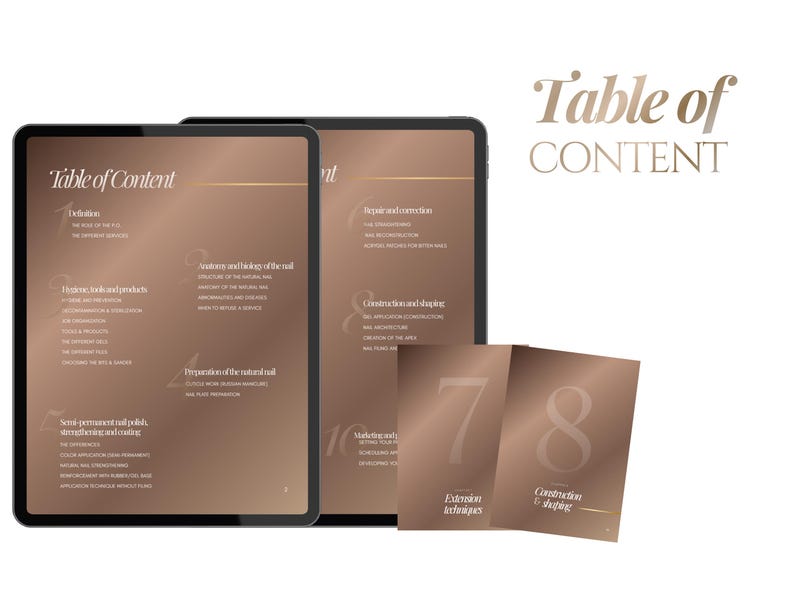 K&ouml;nnte beinhalten: Ein digitales Tablet zeigt ein Inhaltsverzeichnis f&uuml;r einen Nageldesign-Kurs auf braunem Farbverlaufshintergrund. Der Text umfasst Abschnitte zu Nagelanatomie, Hygiene und Modellage. Zwei kleinere Karten zeigen die Zahlen 7 und 8.