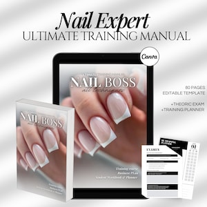 Puede incluir: Un manual de formación digital para técnicos de uñas llamado "Nail Boss: Todas las técnicas". El manual incluye 80 páginas de plantillas editables, un examen teórico y un planificador de formación. La portada presenta un primer plano de una mano con uñas de punta blanca.