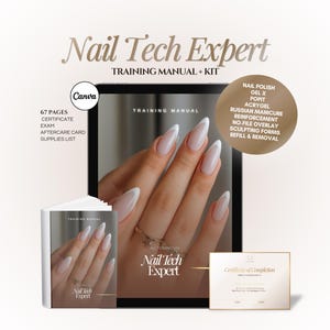 Op de afbeelding: Een Nail Tech Expert trainingshandleiding en kit met een gids van 67 pagina's, certificaat, examen, nazorgkaart en materialenlijst. De inhoud behandelt nagellak, gel x, popit, acrygel, Russische manicure, versteviging en boetseertechnieken.