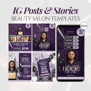May include: Purple beauty salon templates for Instagram posts and stories. The templates include offers for microblading, lash extensions, and brow lift services. The text "Book Now" is featured prominently, along with the Canva logo.