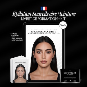 Peut inclure: Un livret de formation professionnelle et kit pour l'épilation et la coloration des sourcils. L'ensemble comprend un manuel de 60 pages, une tablette numérique affichant le titre du cours et un certificat de réussite, avec texte en français.