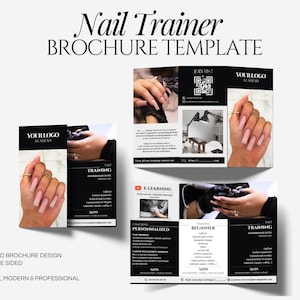 Könnte beinhalten: Dreiteilige Broschürenvorlage für die Nageltraining. Die Broschüre hat ein schwarz-weißes Design mit Bildern von manikürten Nägeln und Nagelwerkzeugen. Der Text auf der Broschüre enthält "Nail Trainer", "Mach mit!" und "E-Learning".