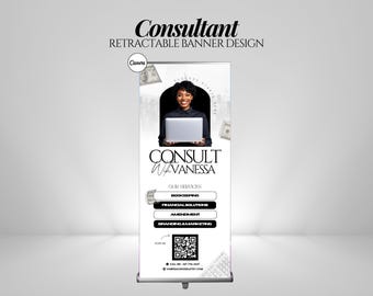 Könnte beinhalten: Ein weißes Rollbanner-Design für einen Berater mit dem Text "Consultant" und "Consult With Vanessa". Das Banner enthält ein Foto einer Frau, die einen Laptop hält, mit den Dienstleistungen: Buchhaltung, Finanzlösungen, Änderung und Branding & Marketing.