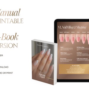 K&ouml;nnte beinhalten: Ein Schulungshandbuch und ein digitales Tablet mit einer Anleitung zum Feilen und Formen von N&auml;geln. Das Cover zeigt eine Hand mit manik&uuml;rten N&auml;geln und den Text Nail Tech Expert. Der Bildschirm zeigt verschiedene Nagelformen und Texte.