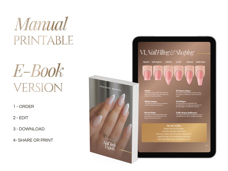 K&ouml;nnte beinhalten: Ein Schulungshandbuch und ein digitales Tablet mit einer Anleitung zum Feilen und Formen von N&auml;geln. Das Cover zeigt eine Hand mit manik&uuml;rten N&auml;geln und den Text Nail Tech Expert. Der Bildschirm zeigt verschiedene Nagelformen und Texte.