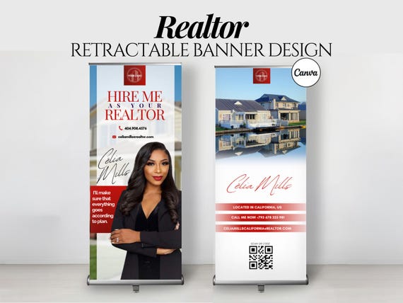 Realtor Roll Up Banner Design, Real Estate Agent Pull-Up Banner Template, Canva Professional Retractable Banner Event Wedding Design